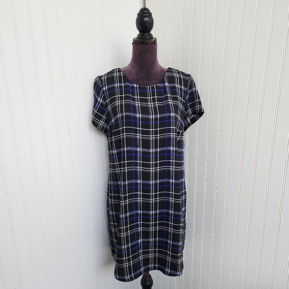 Cynthia Rowley Women Short Sleeve Dress Black Blue Plaid Shift Relaxed Zip Sz 10 - Picture 1 of 13